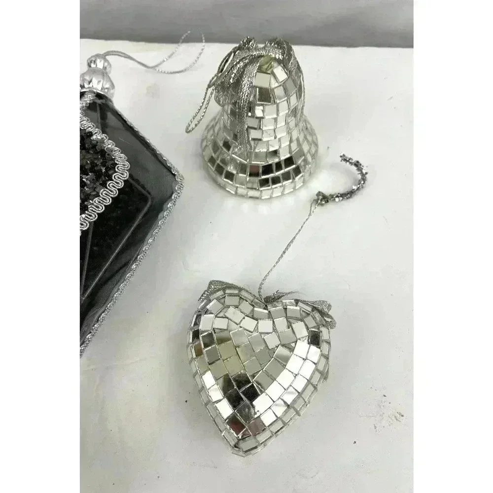 VTG Lot of 8 Mercury‎ Glass Ornaments Mirror Heart Bell Stars Holiday Christmas